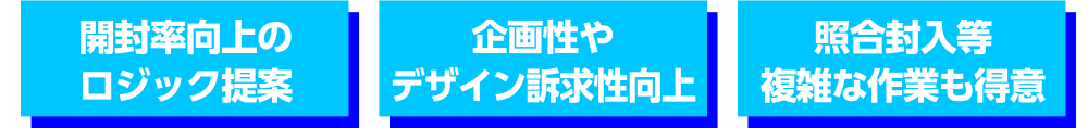 開封率向上のロジック提案、企画性やデザイン訴求性向上、照合封入等複雑な作業も得意