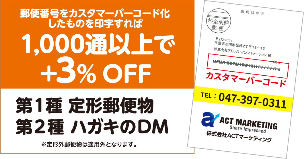 郵便番号をカスタマーバーコード化したものを印字すれば1,000通以上で+3%OFF　第1種定形郵便物　第2種ハガキのDM　※定形外郵便物は適用外となります。